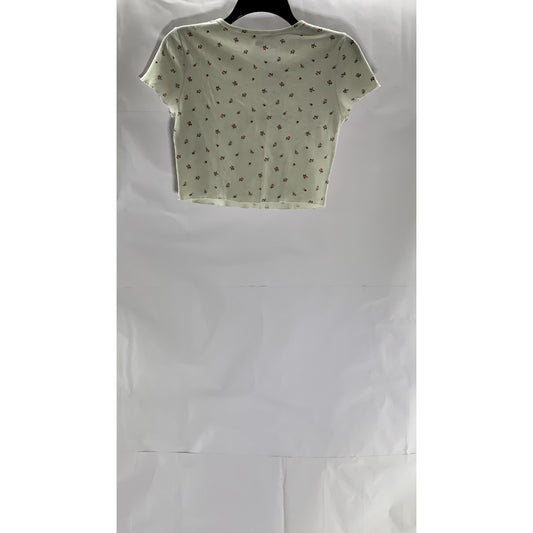FOREVER 21 Women's White Micro Floral Print Crewneck Short Sleeve Crop Top SZ S