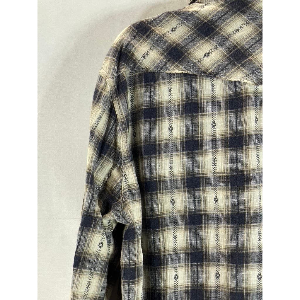 LUCKY BRAND Men's Cream/Gray Plaid Snap Button-Up Long Sleeve Western Shirt SZ L