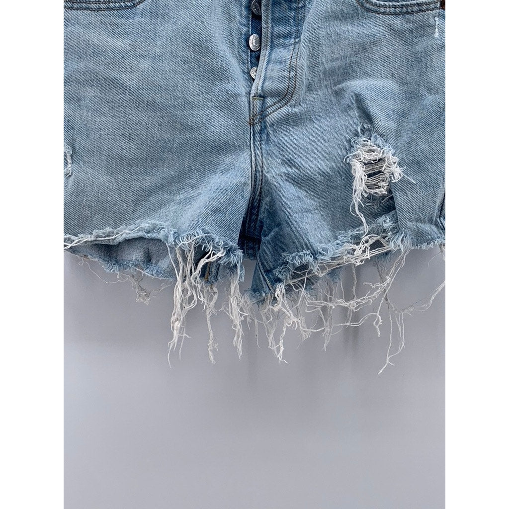 LEVI'S Women's Light Blue Distressed High-Rise Ribcage Button-Fly Short SZ 25