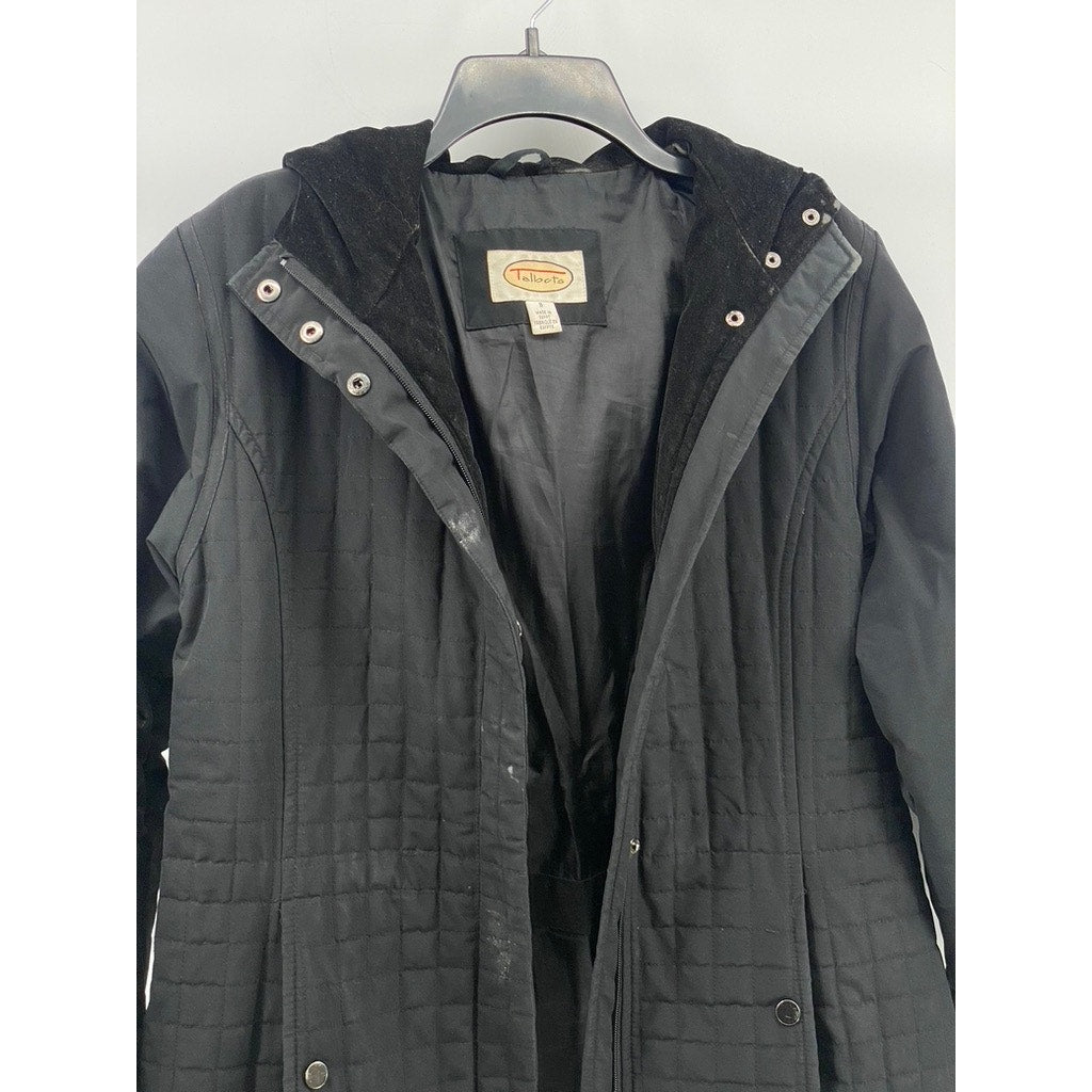 TALBOTS Women's Black Grid Velvet Trim Hooded Zip-Up Jacket SZ S