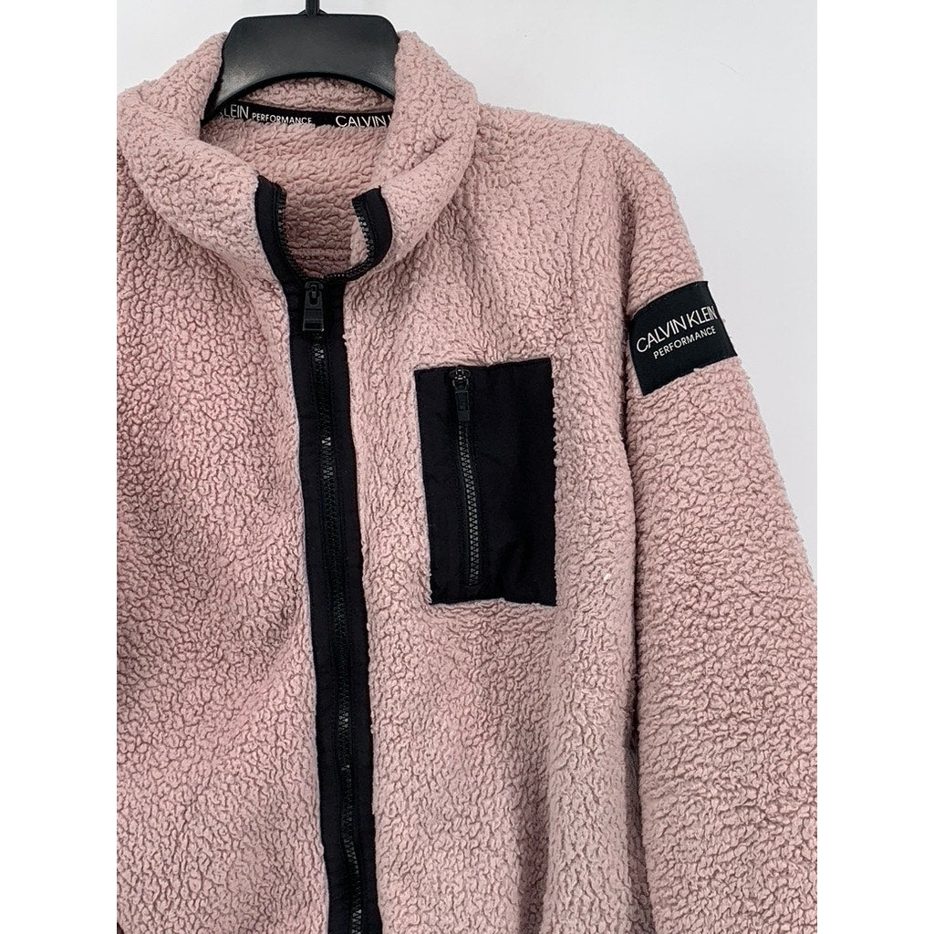 CALVIN KLEIN Women’s Pink-Black Sherpa Fleece Zip-Up Jacket SZ S