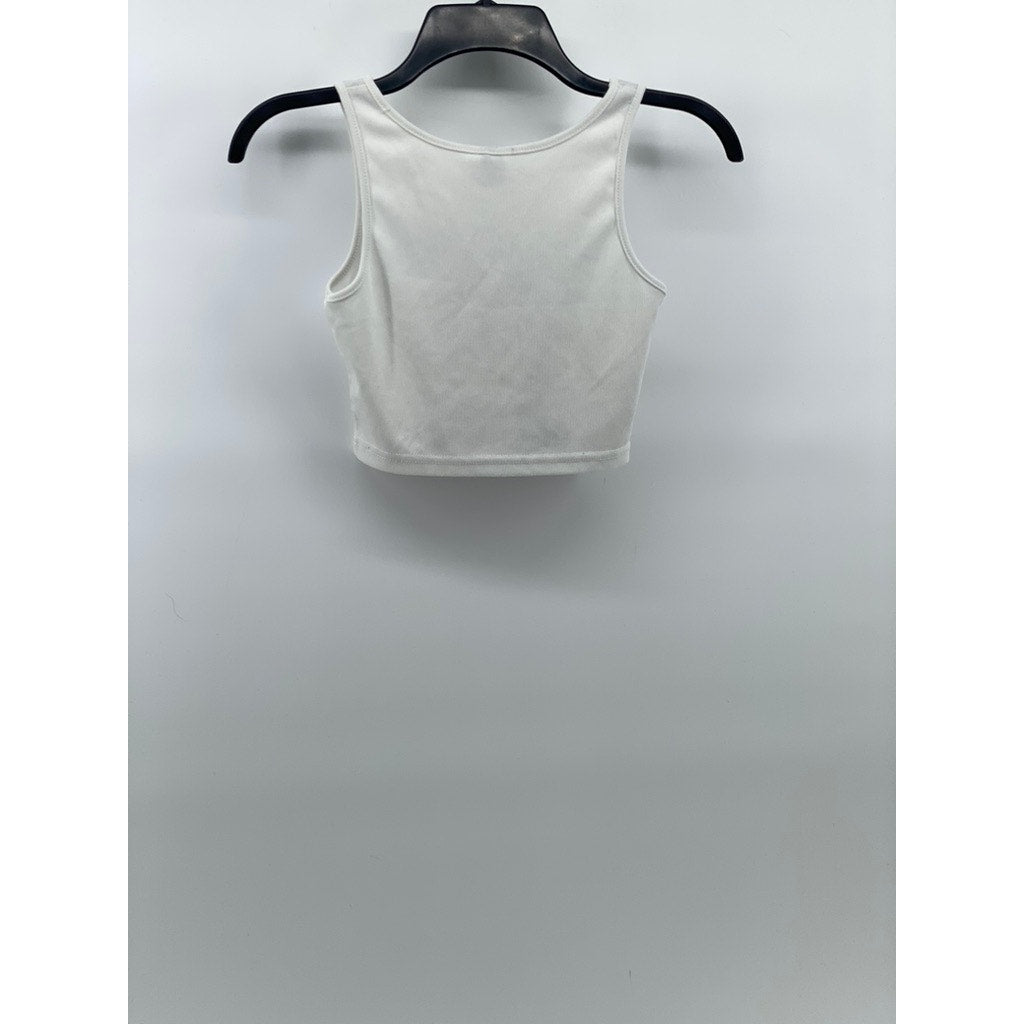 SHEIN Women's White Ribbed Motor Sport Scoop-Neck Cropped Tank Top SZ XS