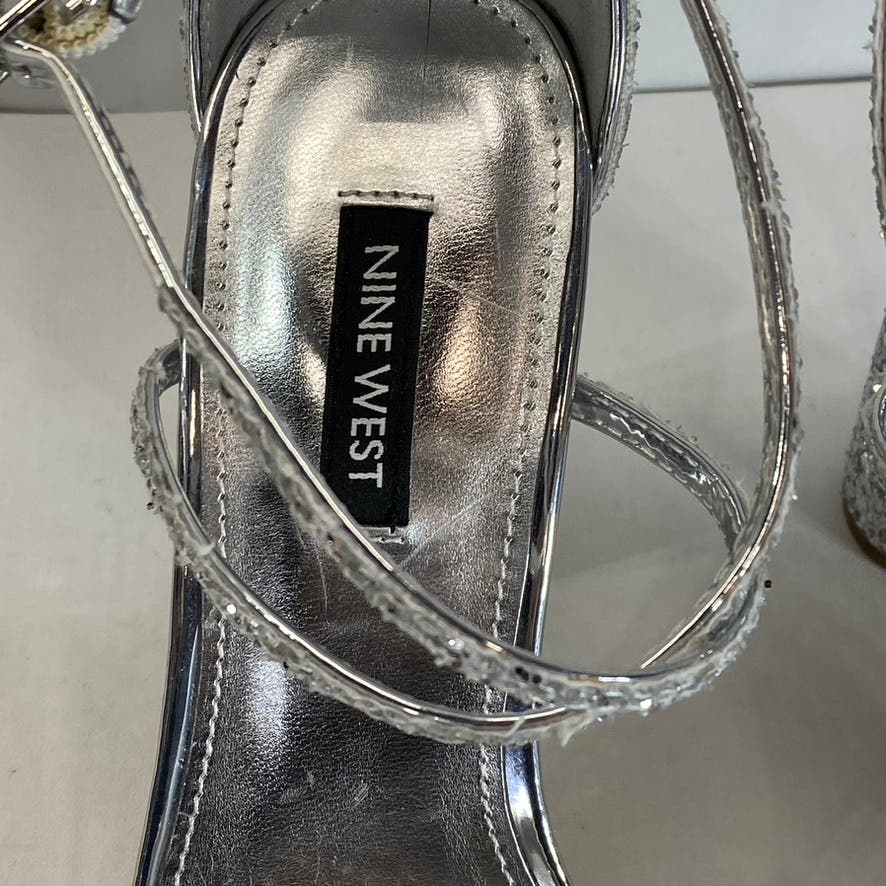 NINE WEST Women's Silver Celebra Sequin Ankle Strap Heeled Sandals SZ 7