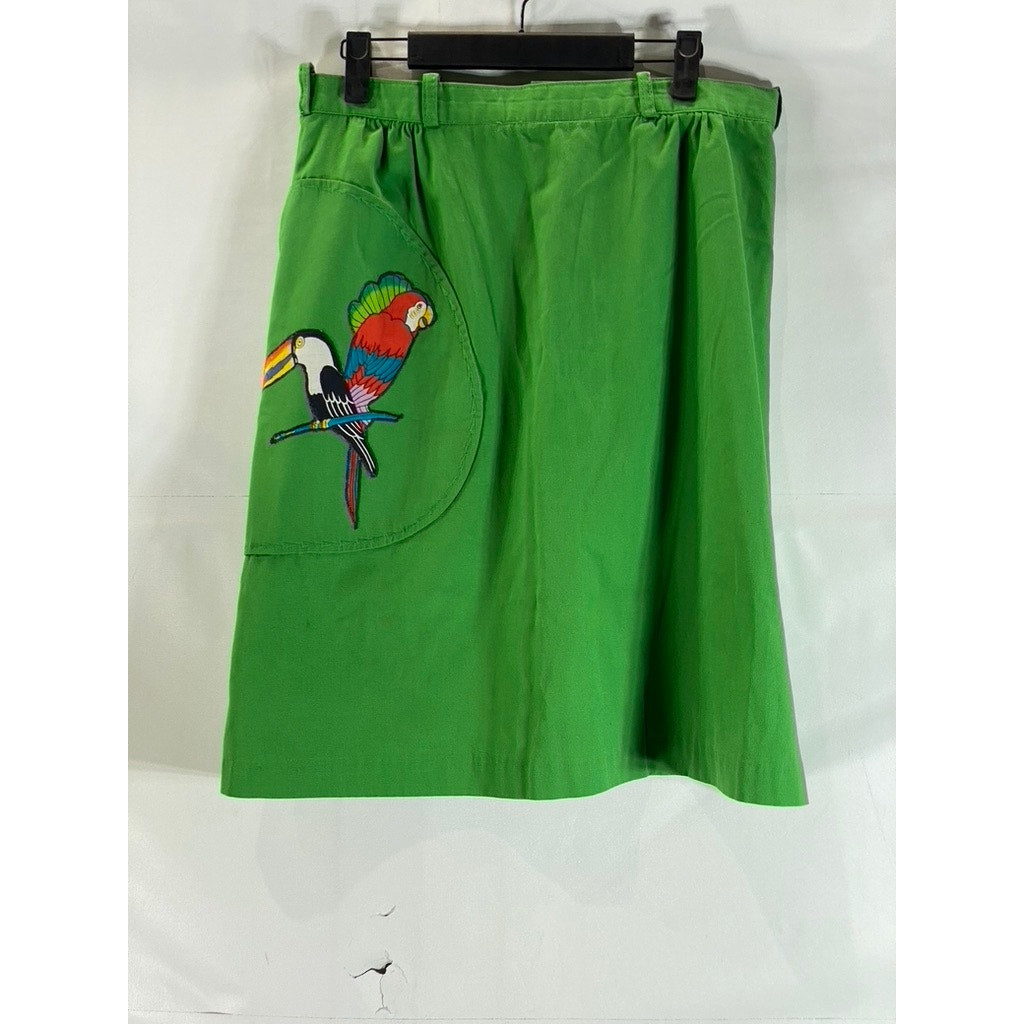 VINTAGE Women's Green Toucan/Parrot Graphic Knee Length A-Line Skirt SZ S