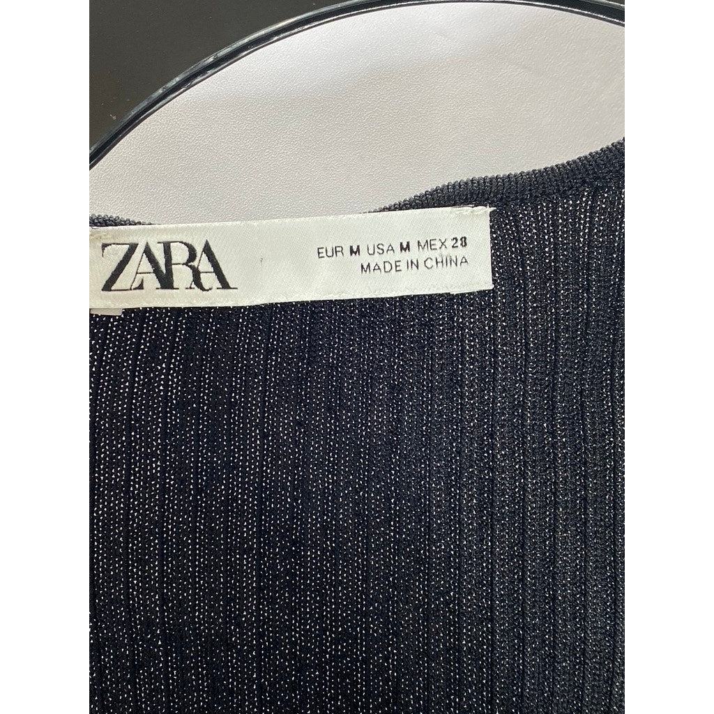 ZARA Women's Black Ribbed Flap Pocket Button-Down Belted Long Sleeve Dress SZ M