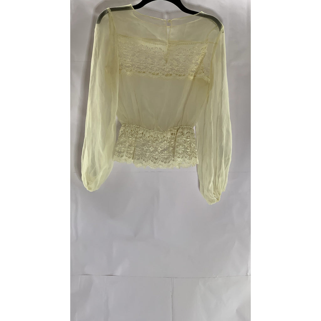 UNBRANDED Women's Cream Sheer Ruffle Lace Trim Long Sleeve Blouse SZ M