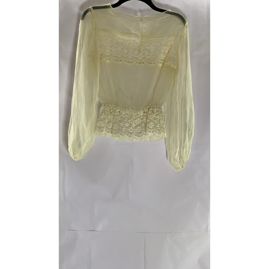 UNBRANDED Women's Cream Sheer Ruffle Lace Trim Long Sleeve Blouse SZ M