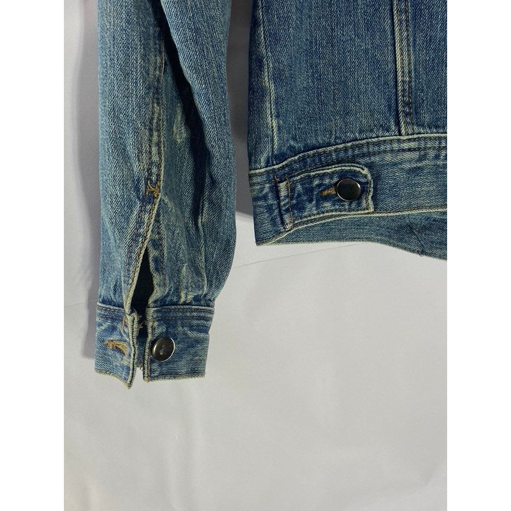 FOREVER 21 Women's Blue Denim Custom Studded Distressed Button-Up Jacket SZ S