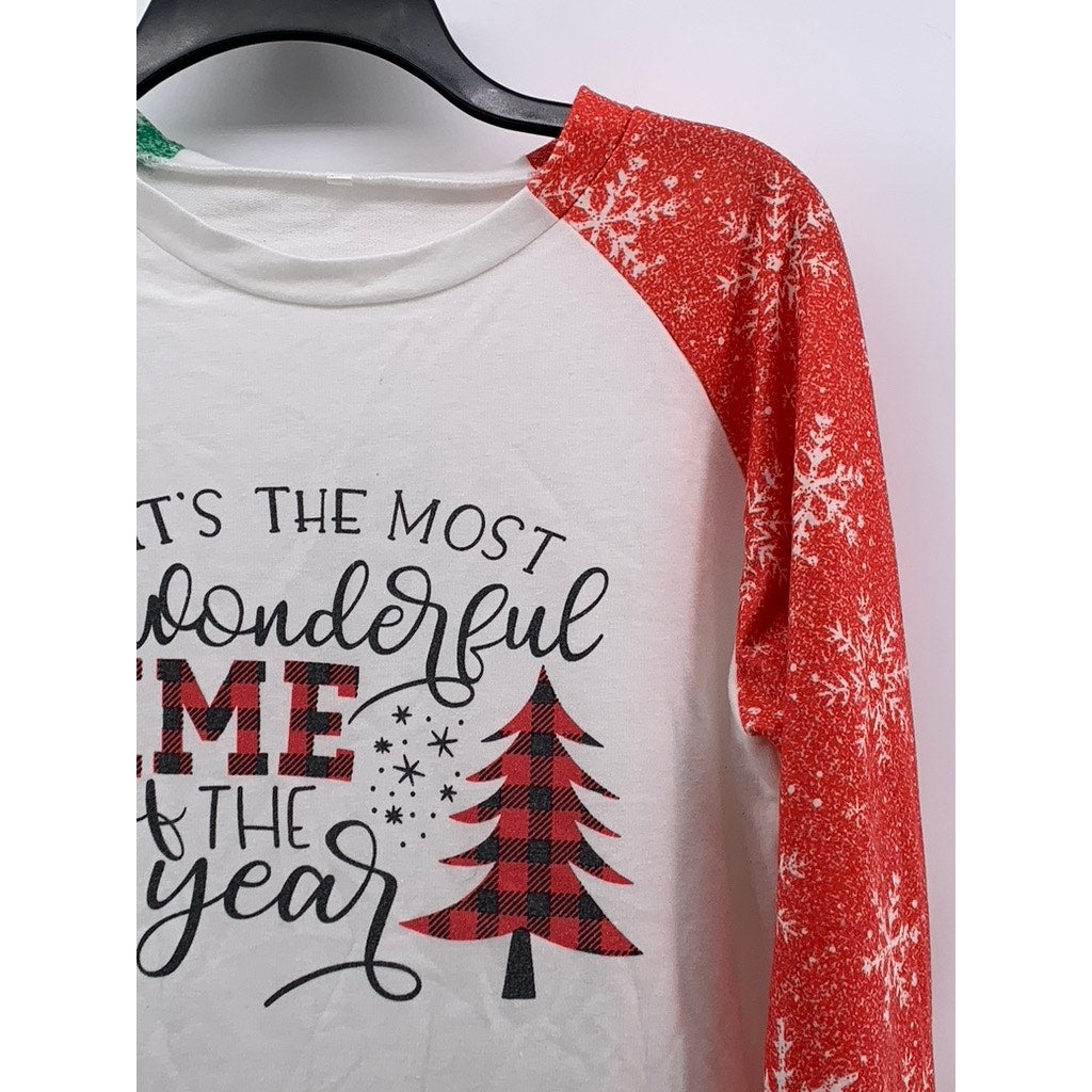 UNBRANDED Women's White-Green-Red Snowflake Long Sleeve Top SZ M