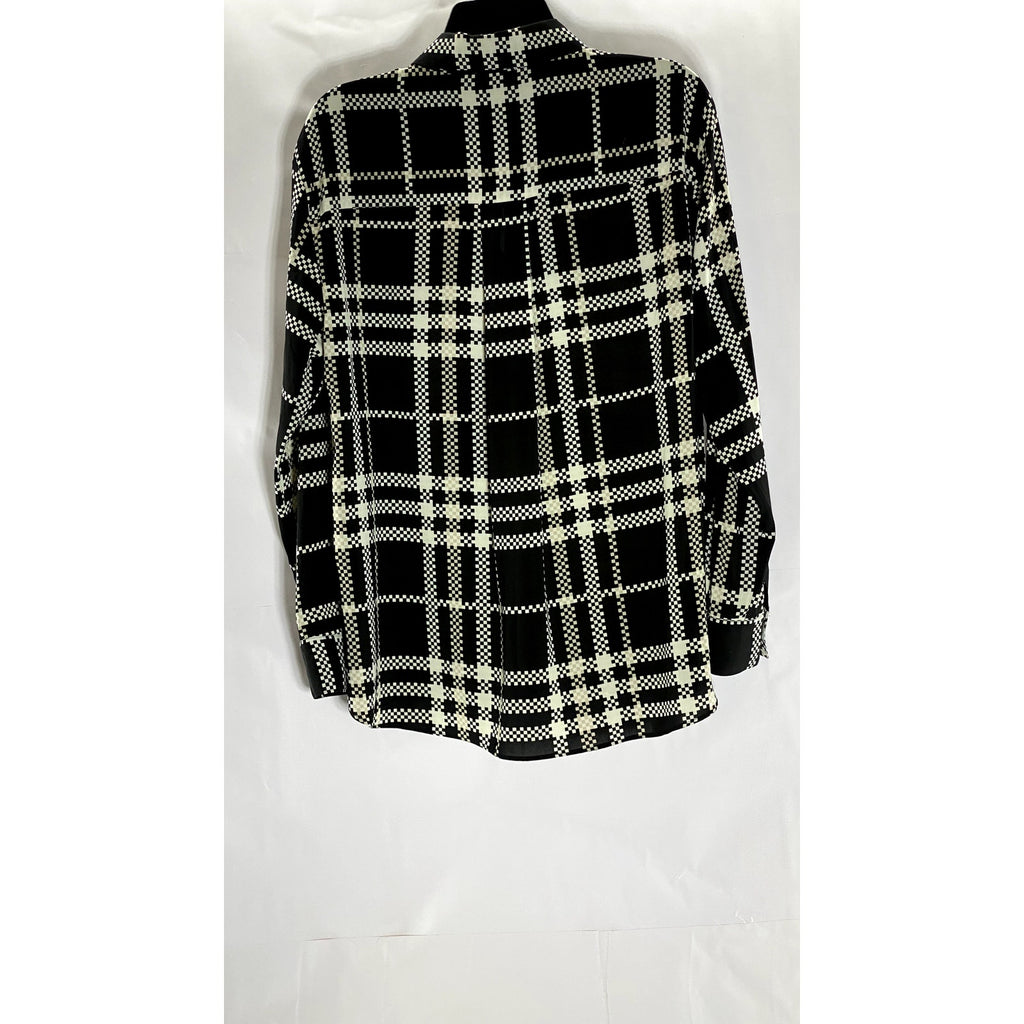 CALVIN KLEIN Women's Black/White Plaid Regular-Fit Button-Up Long Sleeve Top SZM