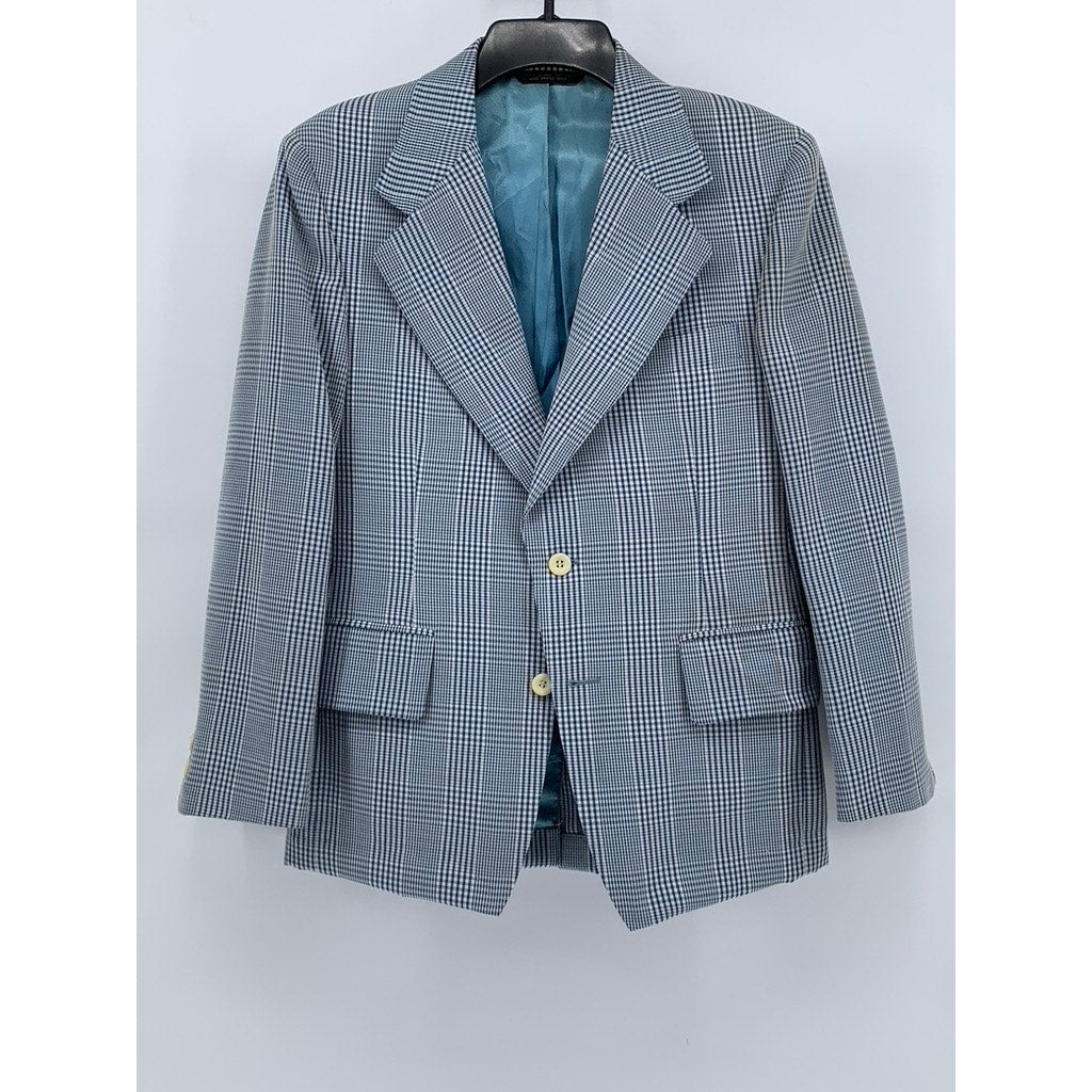 HUGHES & HATCHER Men's Blue Vintage Gingham Plaid Two-Button Blazer SZ 37S