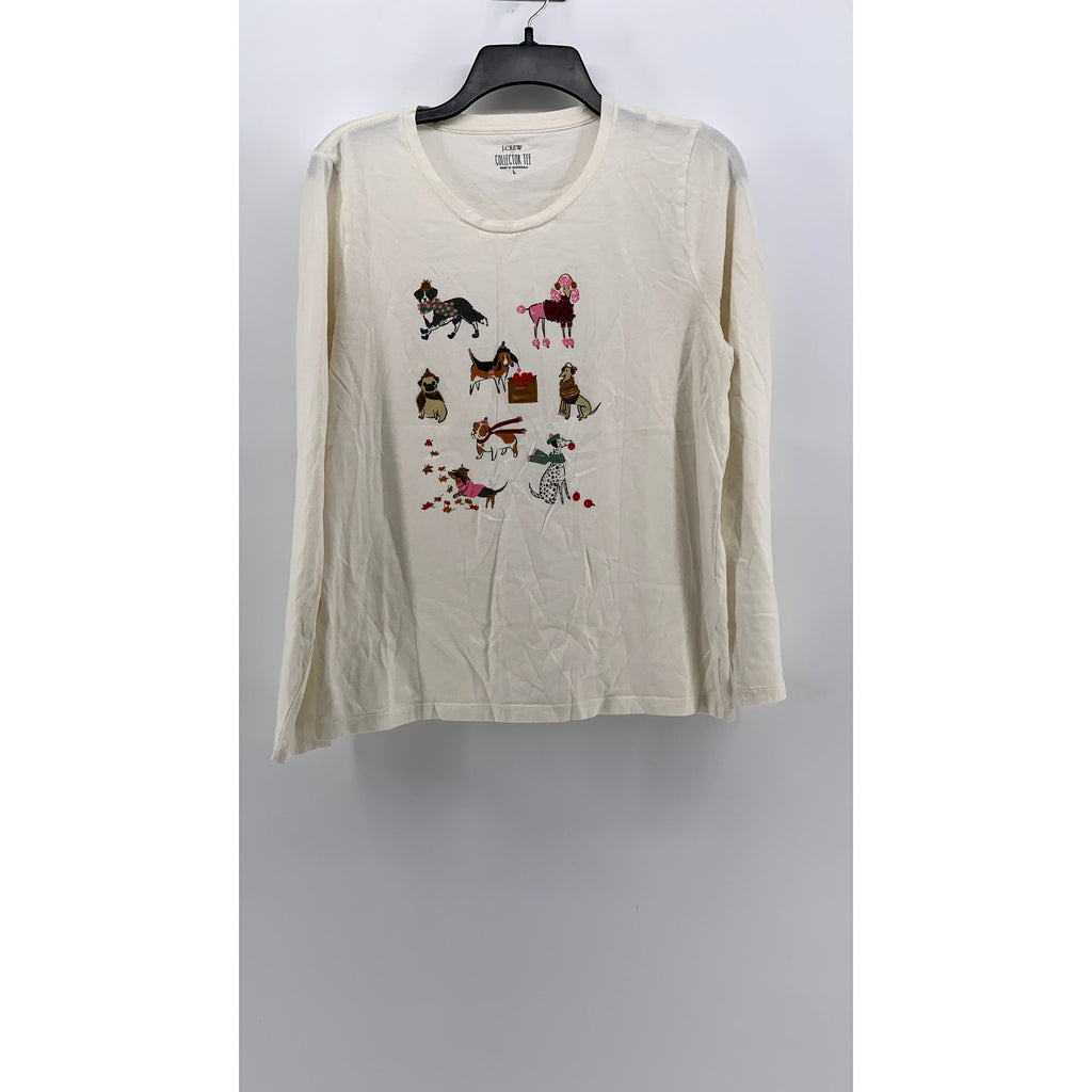 J.CREW Women's Off-White Fall Dog Graphic Long Sleeve Collector Tee SZ L