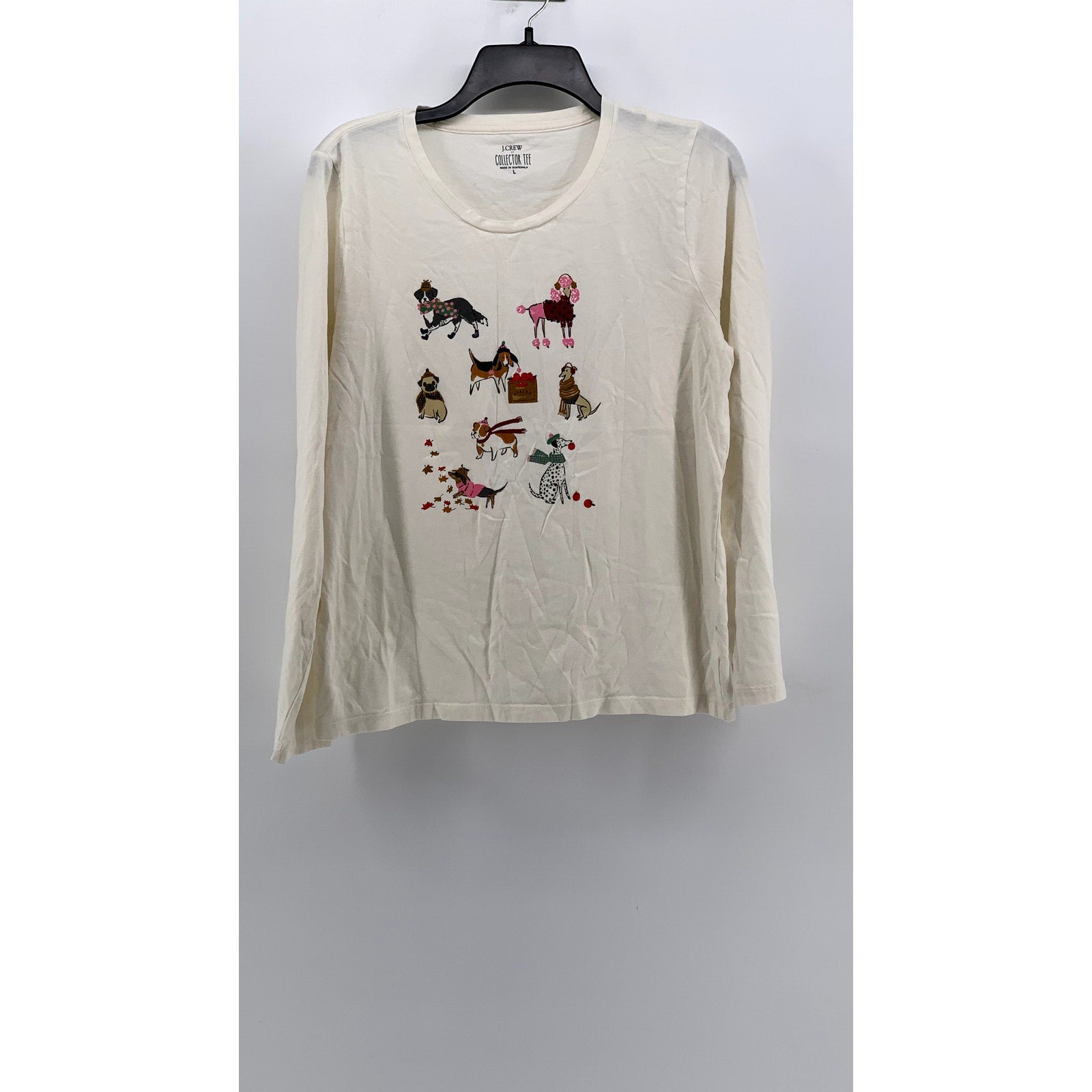 J.CREW Women's Off-White Fall Dog Graphic Long Sleeve Collector Tee SZ L