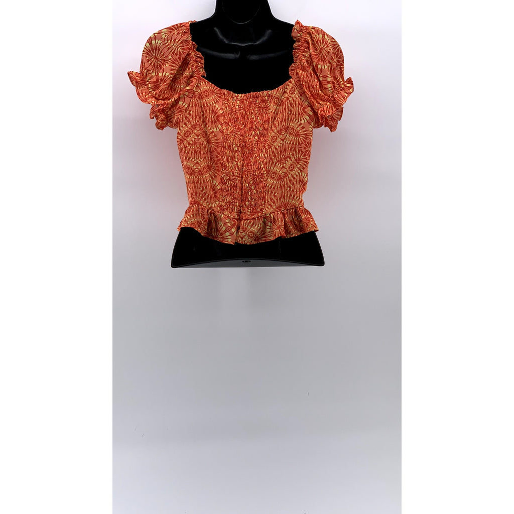 AQUA Women's Orange Printed Lace-Up Short Puff Sleeve Smocked Crop Top SZ XS