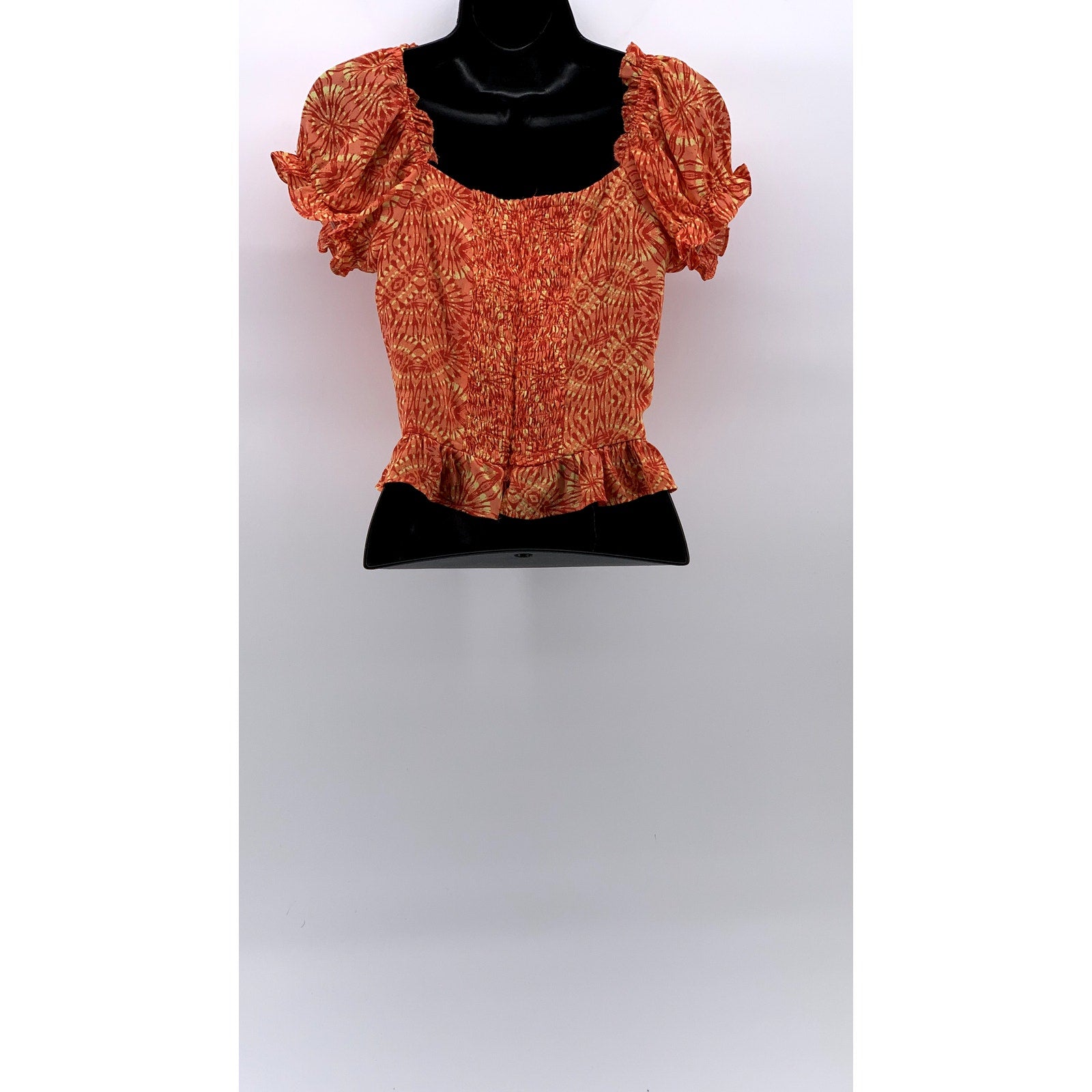 AQUA Women's Orange Printed Lace-Up Short Puff Sleeve Smocked Crop Top SZ XS