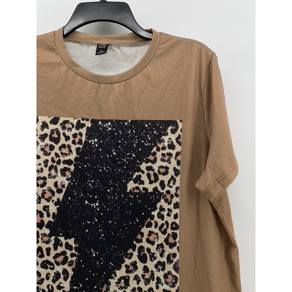 EMERY ROSE Women's Tan Leopard Print Glitter Bolt Top SZ 0XL