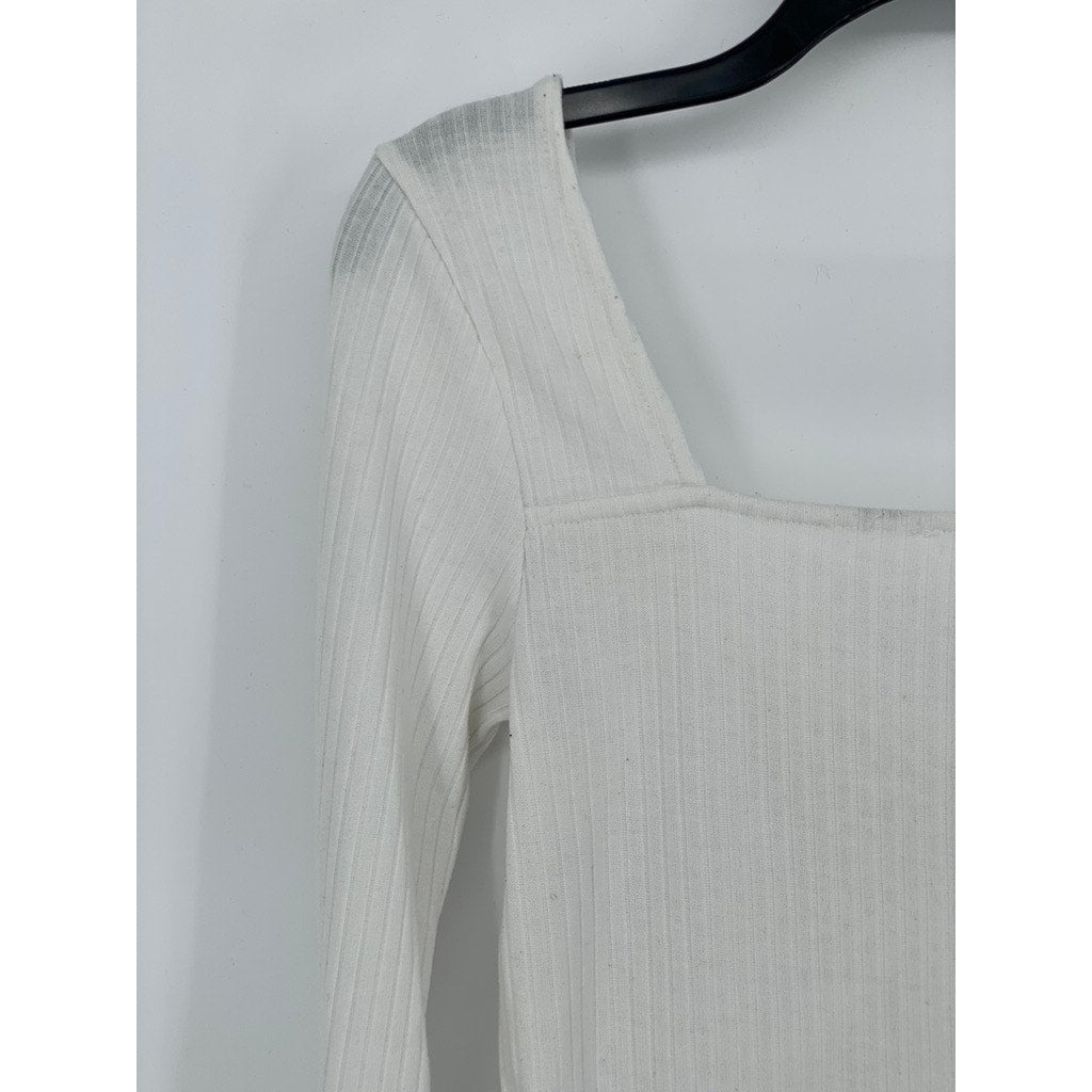 UNBRANDED Women's White Wide Rib V-Neck Long Sleeve Top SZ S