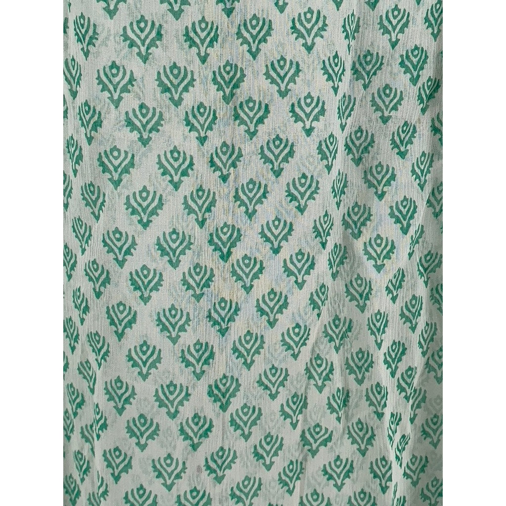BANANA REPUBLIC Women's White-Green Printed Pintuck Button-Up Silk Top SZ L