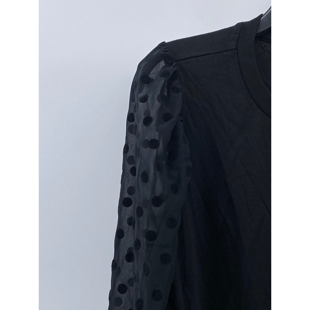 LOFT Women's Black Crewneck Sheer Dot Print Long Sleeve Top SZ L