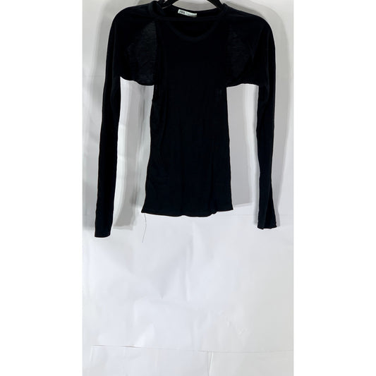 ZARA Women’s Black Solid Crewneck Cutout Long Sleeve Top SZ S