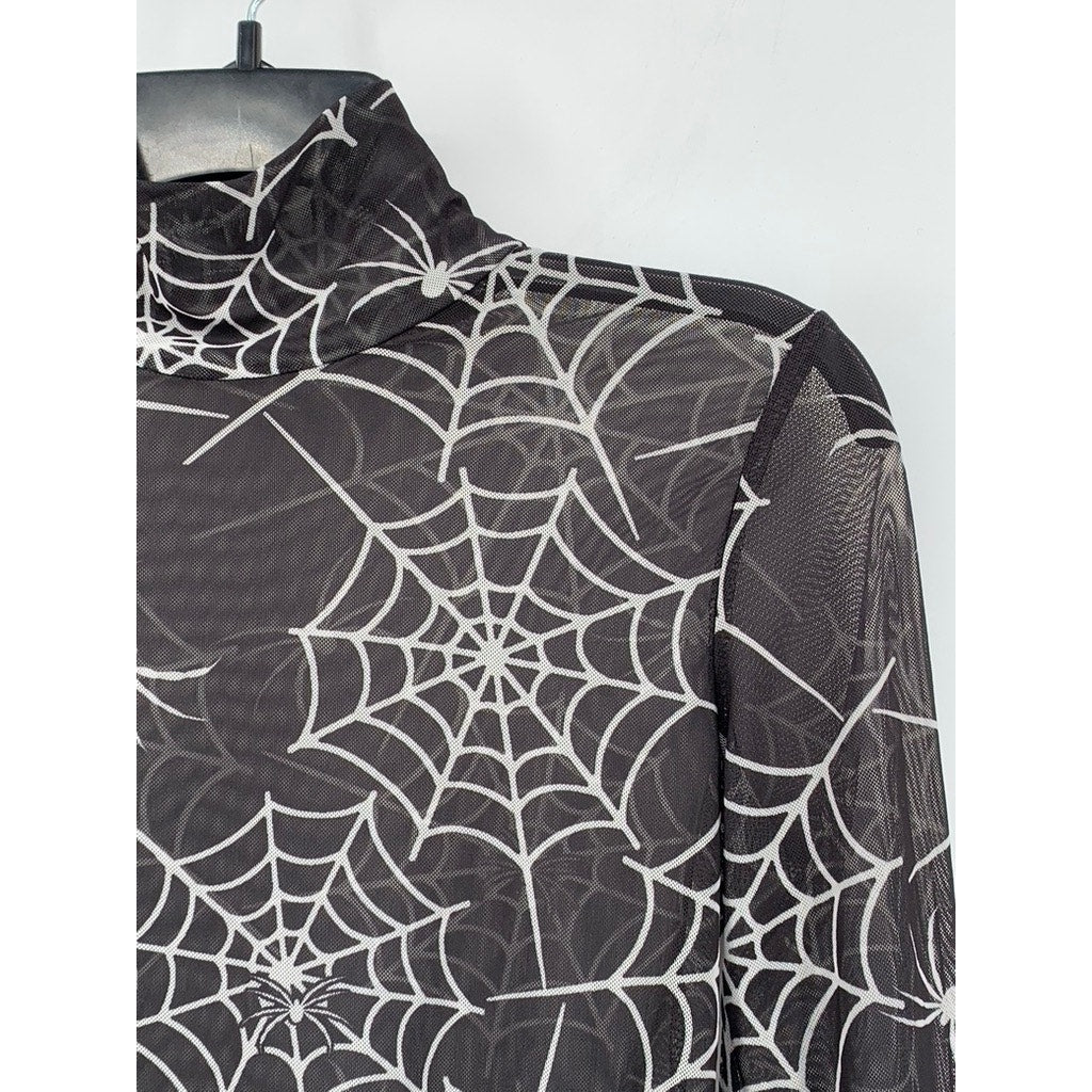SHEIN Women's Black-White Mesh Spider Web Print Long Sleeve Mock Crop Top SZ 6