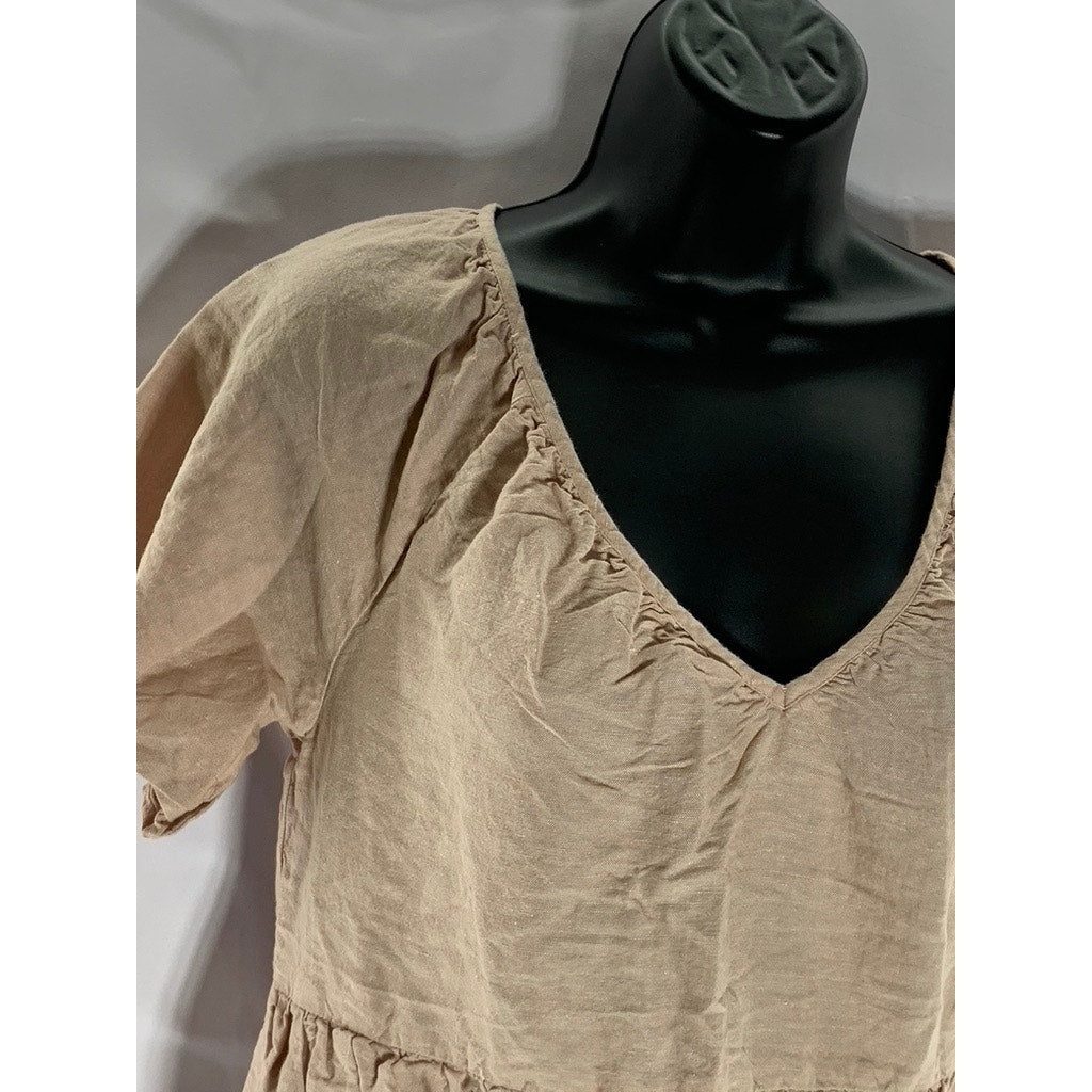 MADEWELL Women's Dusty Blush Linen-Blend V-Neck Tiered Lorelei Mini Dress SZ S