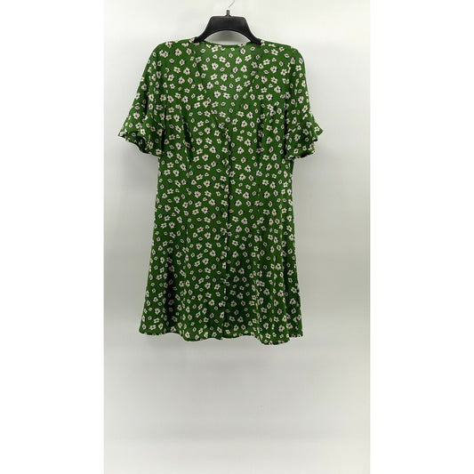 UNBANDED Women's Green Floral V-Neck Button-Up Ruffle Elbow Sleeve Dress SZ M