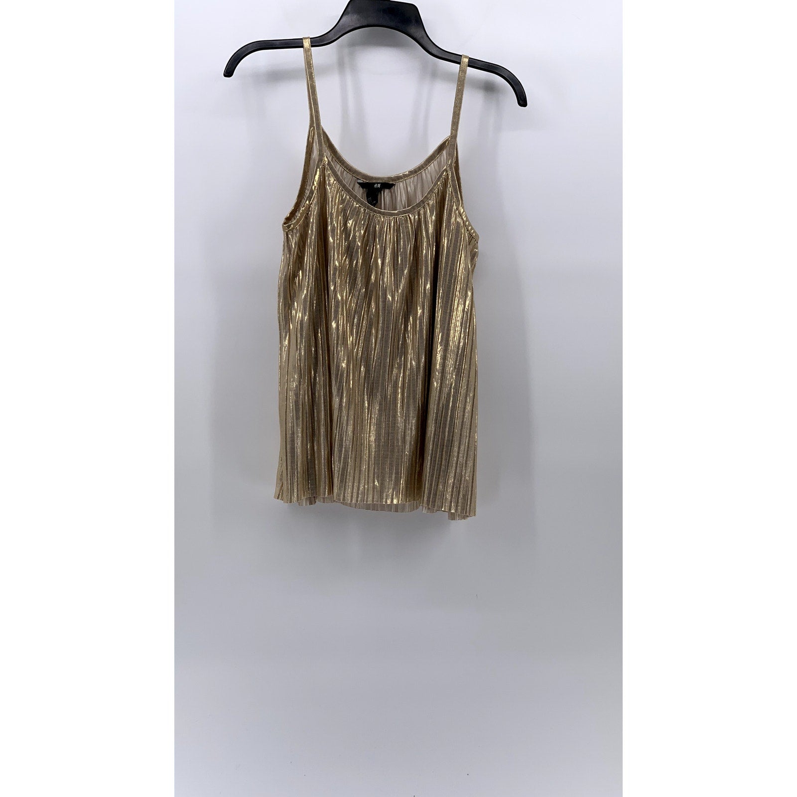 H&M Women's Gold Metallic Scoop-Neck Spaghetti Strap Pleated Tank Top SZ S
