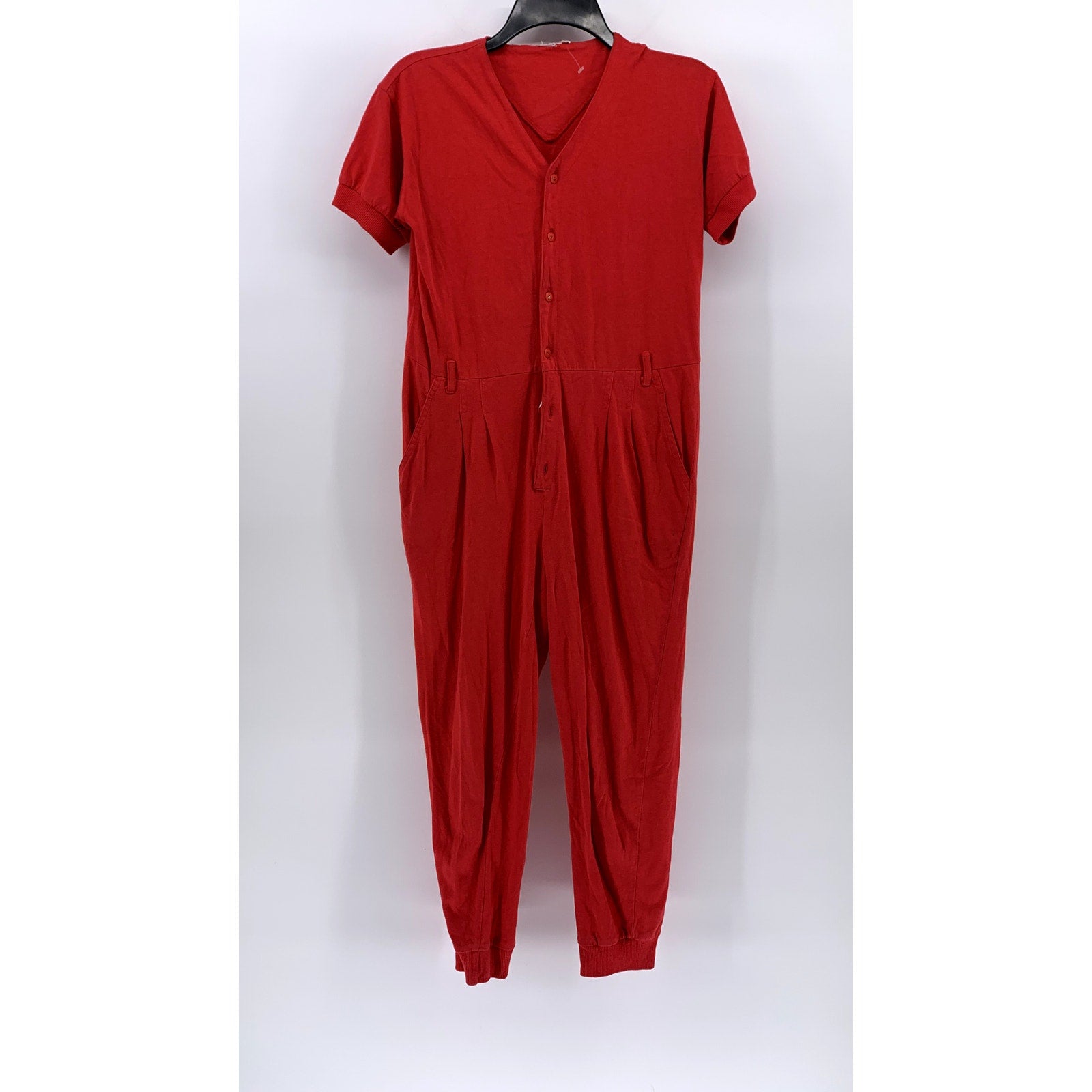 UNBRANDED Women's Red Button-Up V-Neck Short Sleeve Knit Jumpsuit SZ 12
