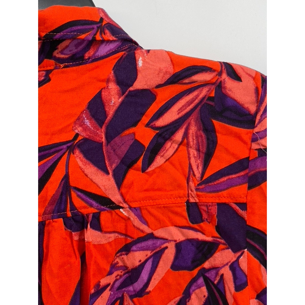 CHELSEA & THEODORE Women's Red Multi Leaf Print Button-Up Long Sleeve Top SZ S