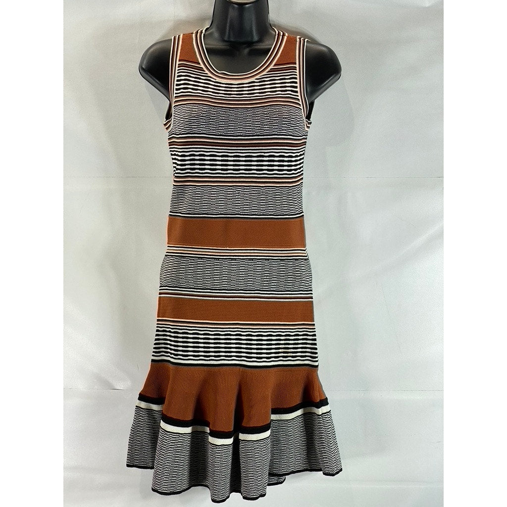 SANDRO PARIS Women's Knit Ribbed Brown/Black Sleeveless Knee Length Dress SZ M
