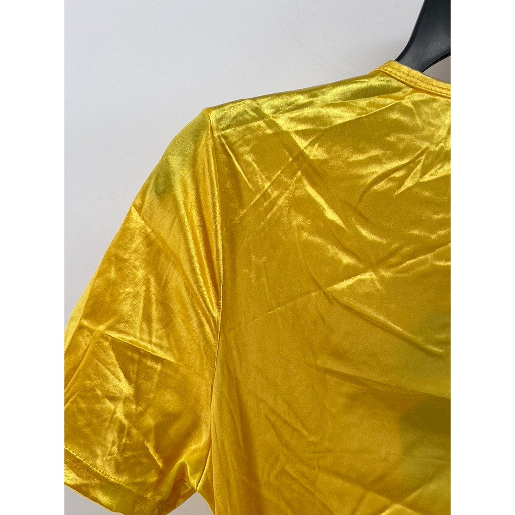 COOLWEAR USA Women's Yellow-Black Shiny Crewneck Short Sleeve Cropped Top SZ L