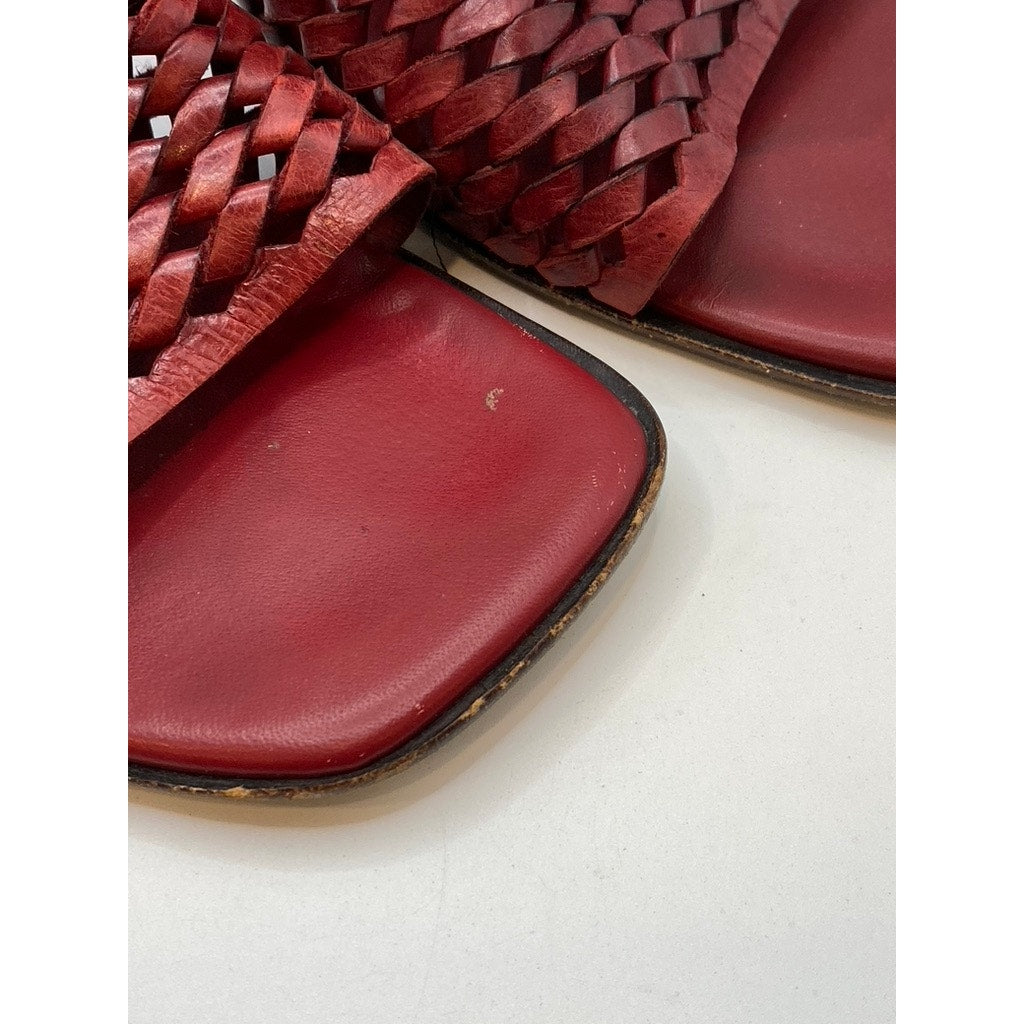 COLE HAAN Women's Red Leather Woven Square Open-Toe Block Heel Sandals SZ 8.5