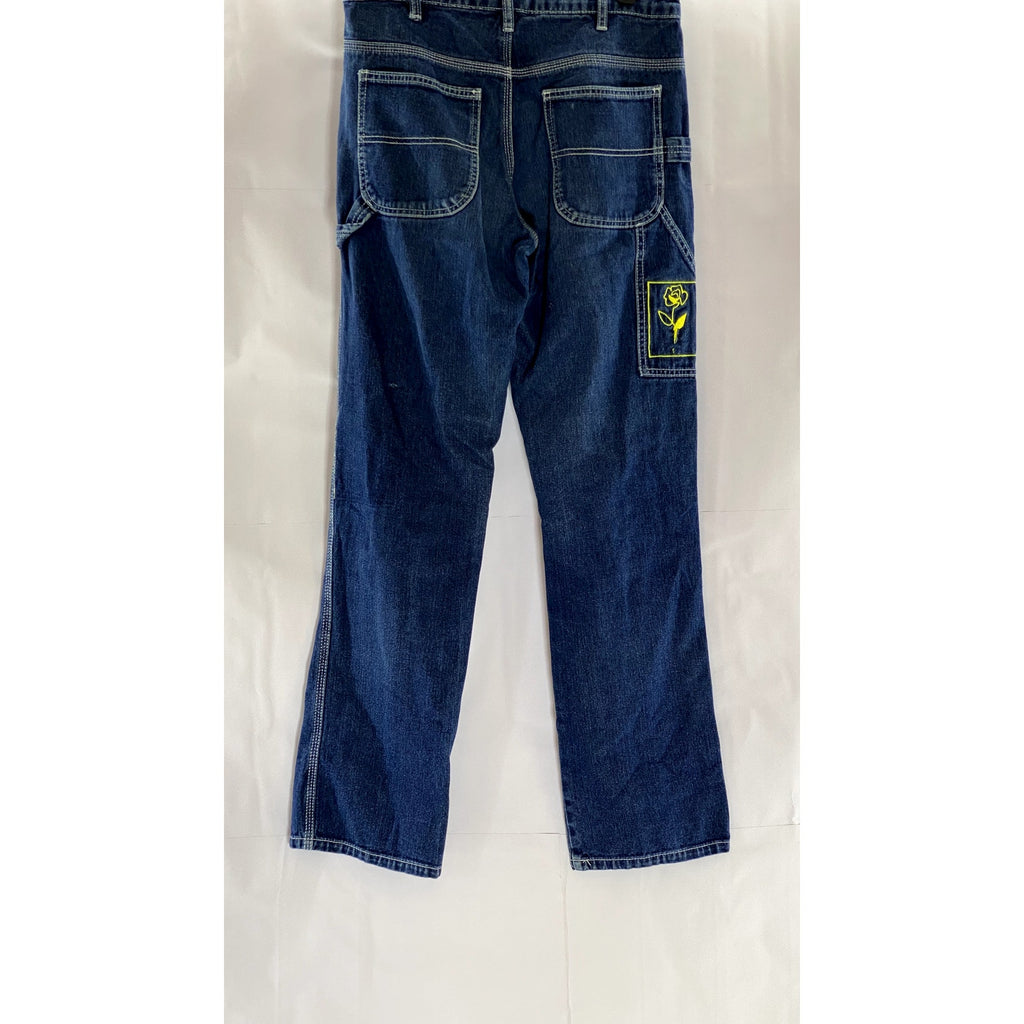DICKIES Women's Vintage Blue Straight-Leg Embroidered Flower Carpenter Jean SZ 1
