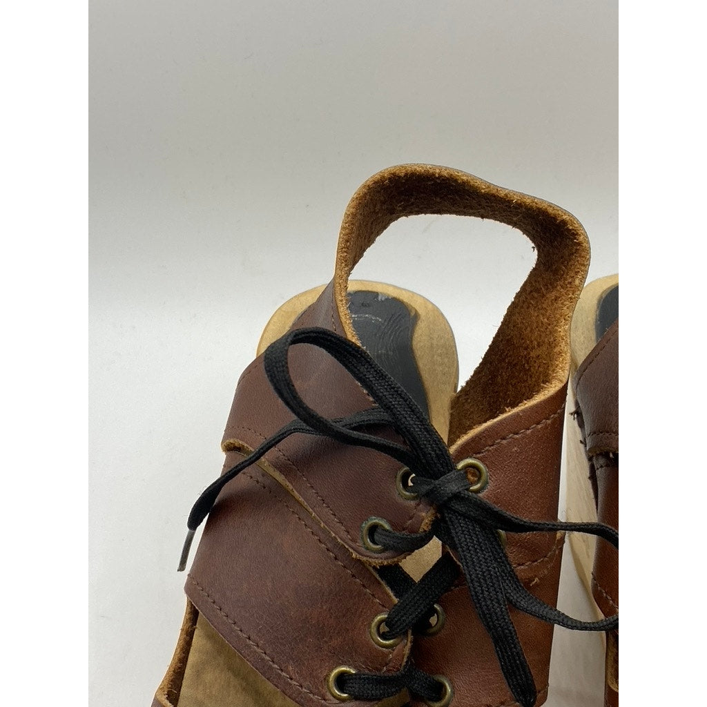 NO. 6 Women's Brown Leather Lace-Up Peep-Toe Wedge Sandals SZ 38(US7.5)