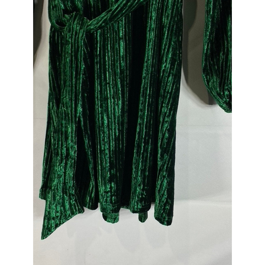 DRESS FORUM Women's Dark Green Crewneck Pleated Velvet Waist Tie Mini Dress SZ M