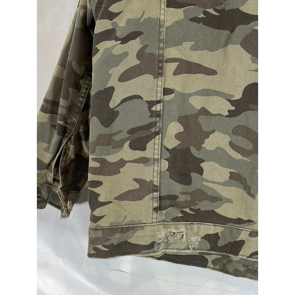 ZARA Z1975 DENIM Women's Green Camo Sequin Distressed Button-Up Jacket SZ M