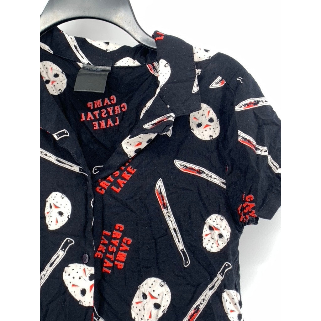 FRIDAY THE 13th Women's Black Jason Print Tie-Front Button-Up Top SZ S