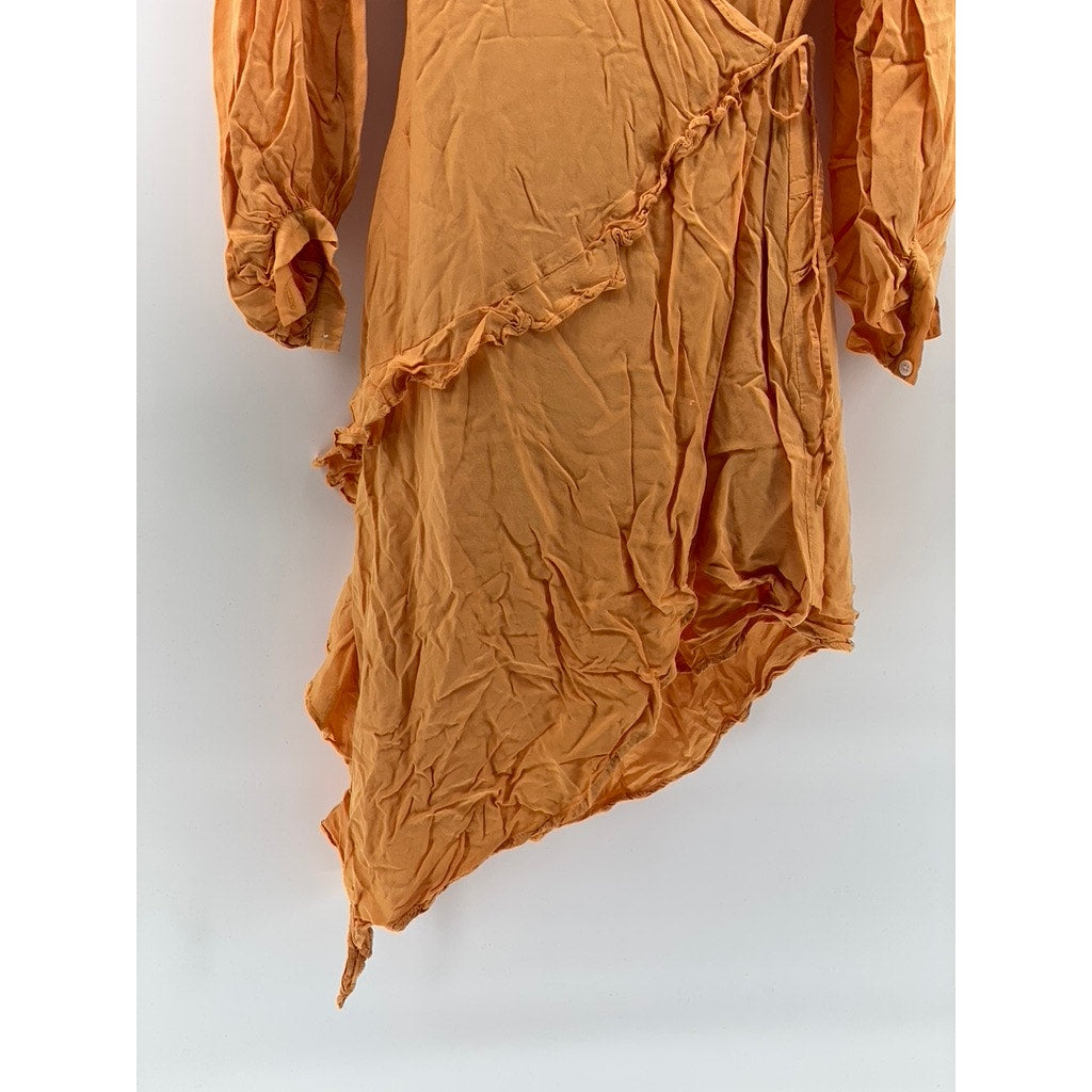 CAPULET Women’s Orange Pansy Asymmetrical Hem Wrap Long Sleeve Dress SZ S