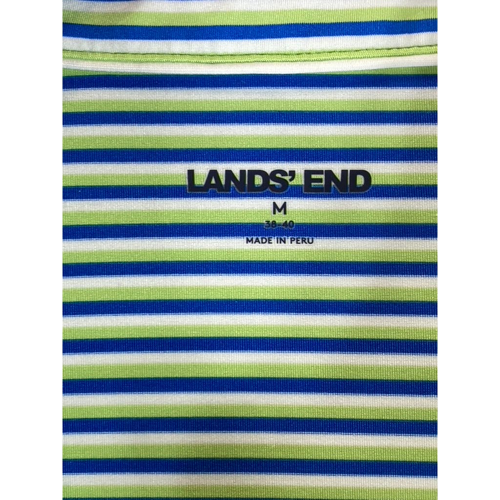 LANDS' END Men's Green/Blue Striped Shoe Graphic Short Sleeve Polo SZ M