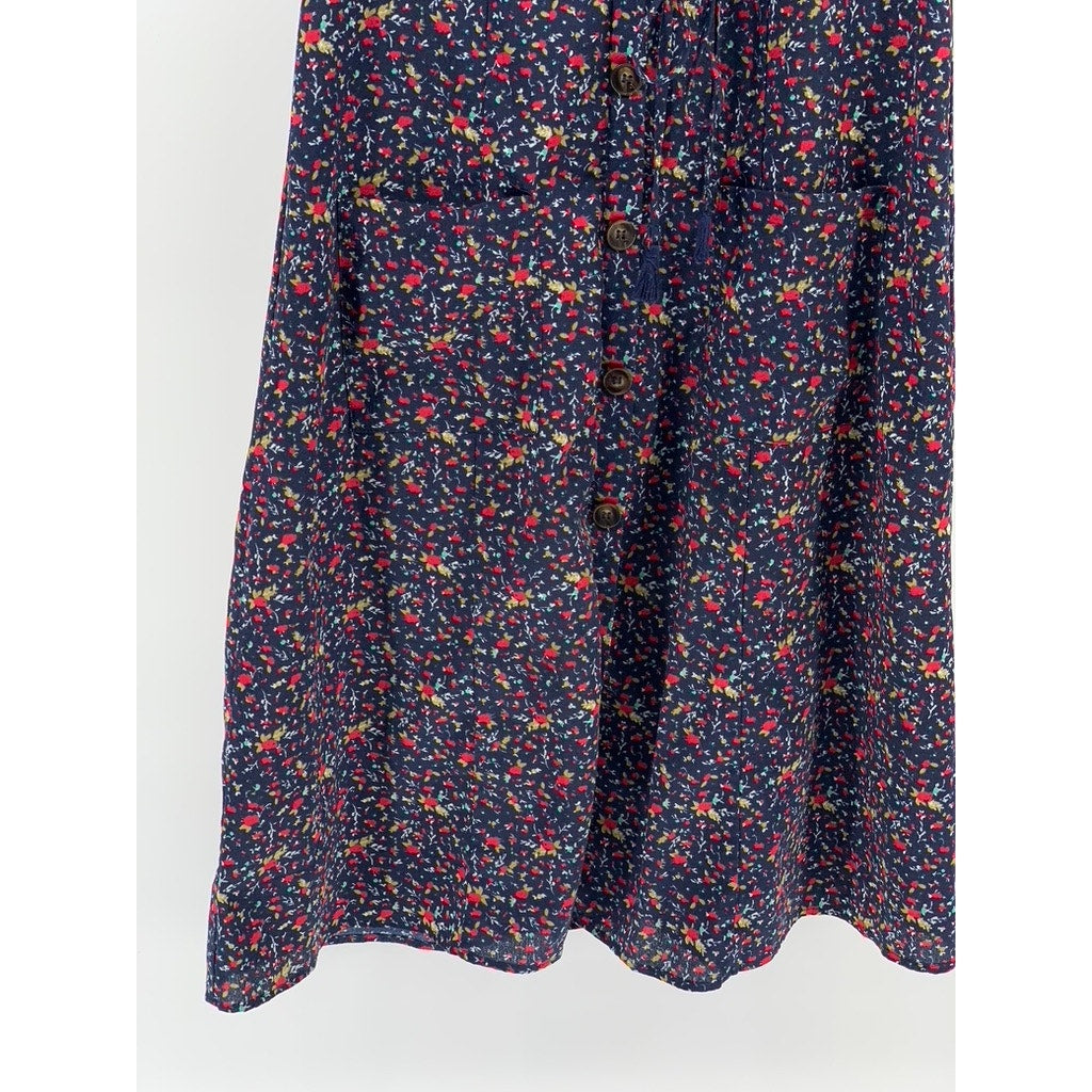 ESSUE Women's Navy Floral Elbow Sleeve V-Neck Tie-Waist A-line Dress SZ S