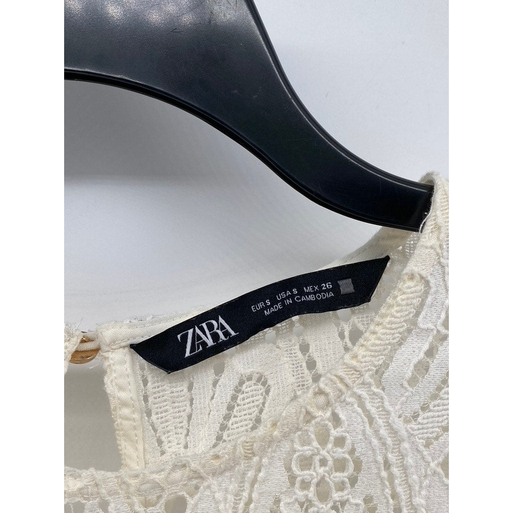 ZARA Women's Cream Knit Crewneck Ruffle Lace Sleeveless Top SZ S