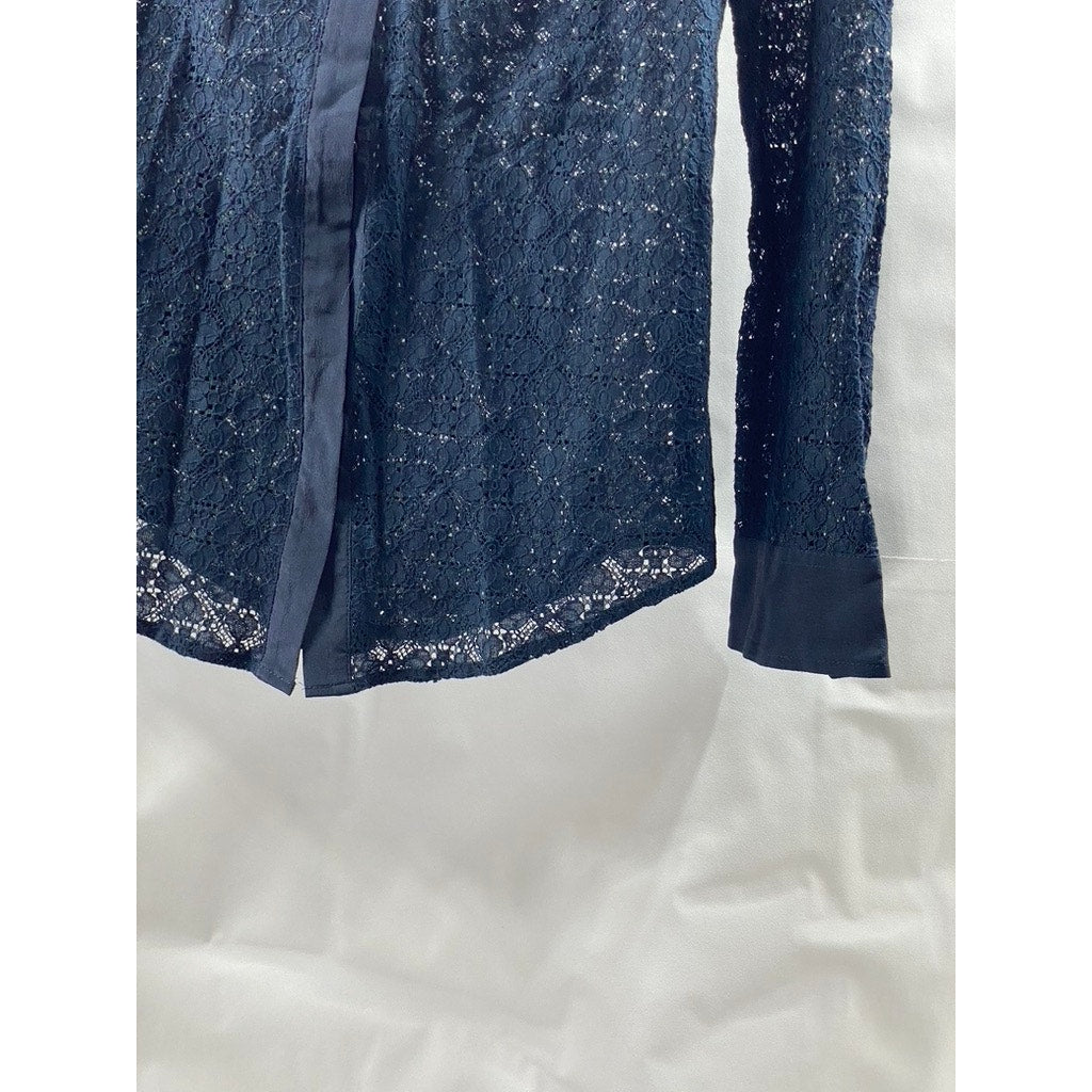 CLUB MONACO Women's Navy Floral Lace Button-Up Long Sleeve Top SZ XS