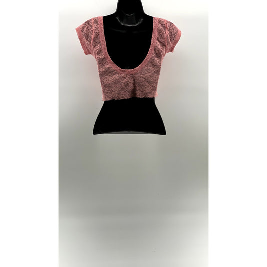 UNBRANDED Women's Light Pink Crewneck Lace Short Sleeve Cropped Top SZ XS