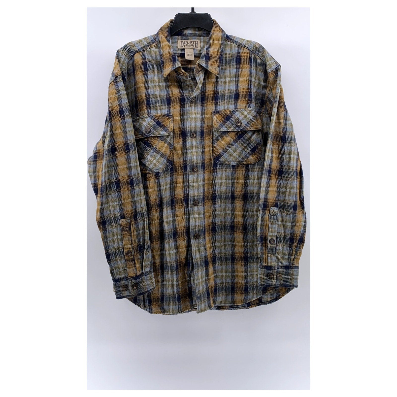 DULUTH TRADING CO. Men's Blue-Yellow Plaid Regular-Fit Button-Up Shirt SZ L