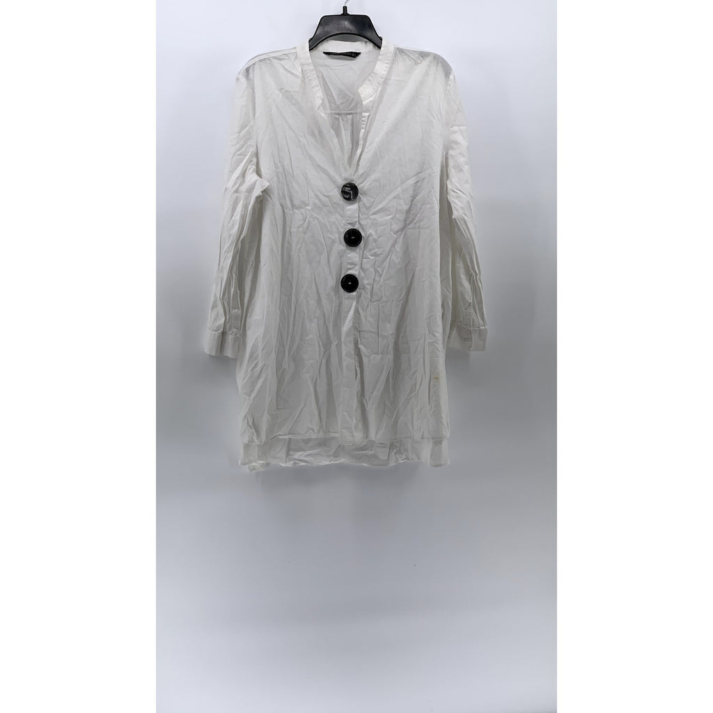 ZARA Women's White Long Sleeve Cotton Split Neck Button-Detail Tunic Top SZ L