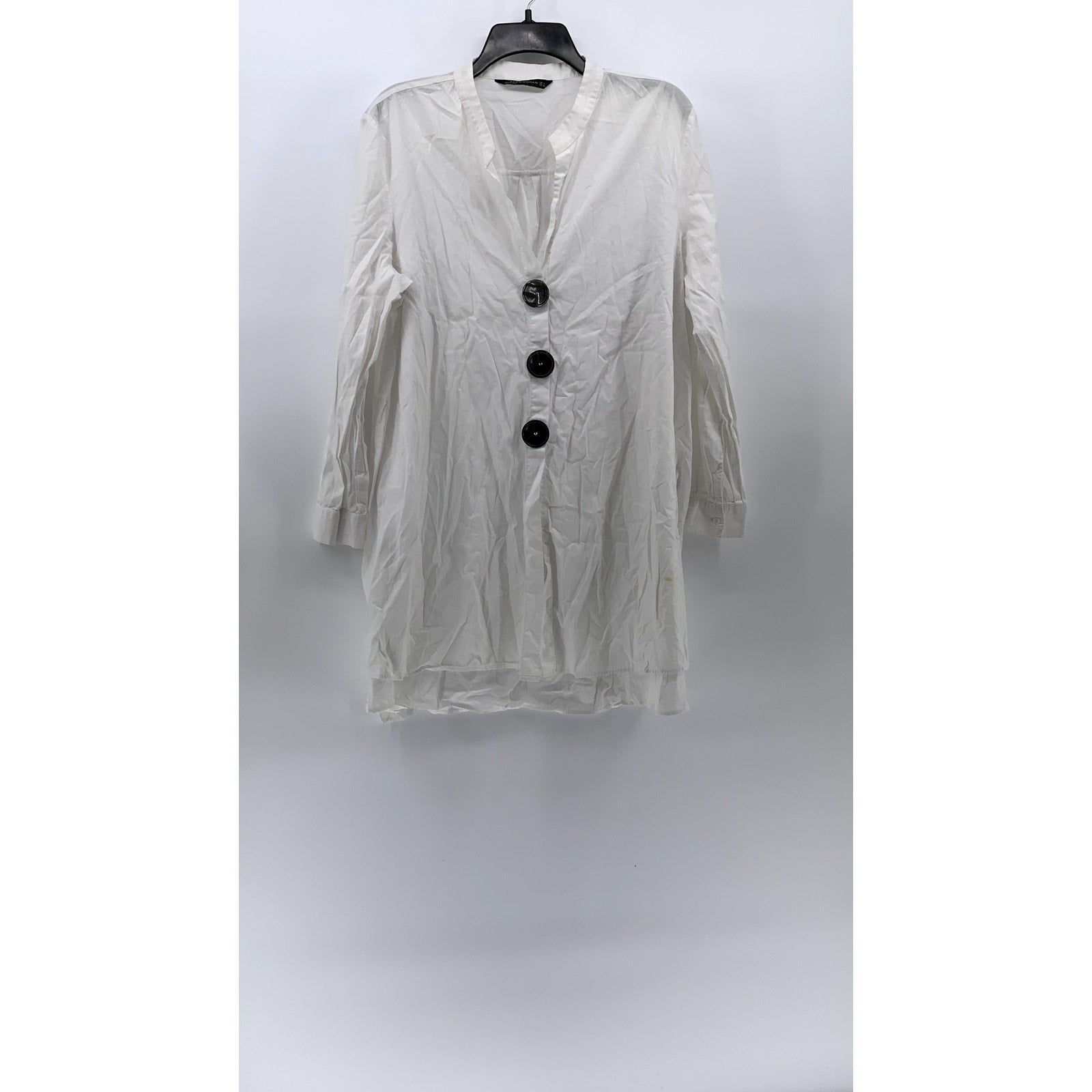 ZARA Women's White Long Sleeve Cotton Split Neck Button-Detail Tunic Top SZ L