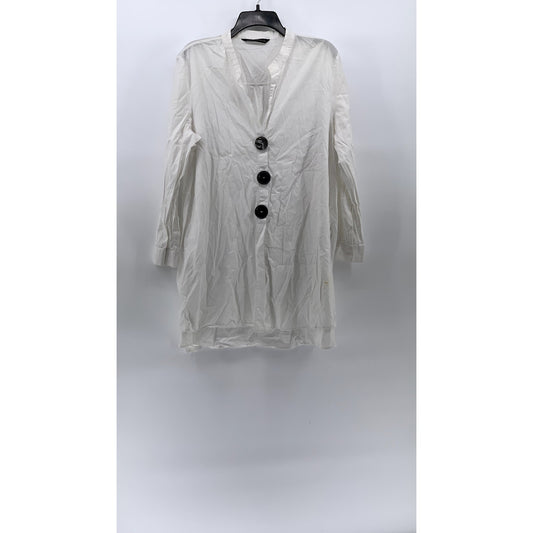 ZARA Women's White Long Sleeve Cotton Split Neck Button-Detail Tunic Top SZ L