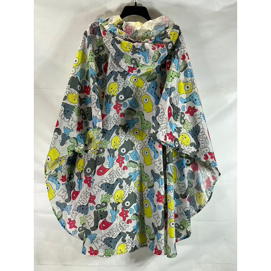 SAPHIROSE Unisex White Multicolor Monster Printed Zip-Up Hooded Rain Poncho SZXL