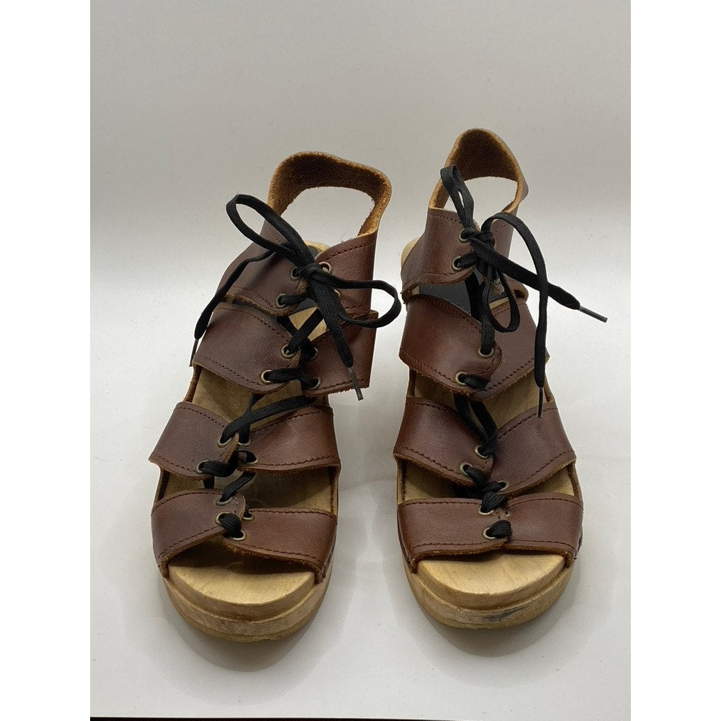 NO. 6 Women's Brown Leather Lace-Up Peep-Toe Wedge Sandals SZ 38(US7.5)